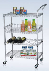 Multi-Functional Metal Kitchen Storage Cart with Basket and Wine Shelf